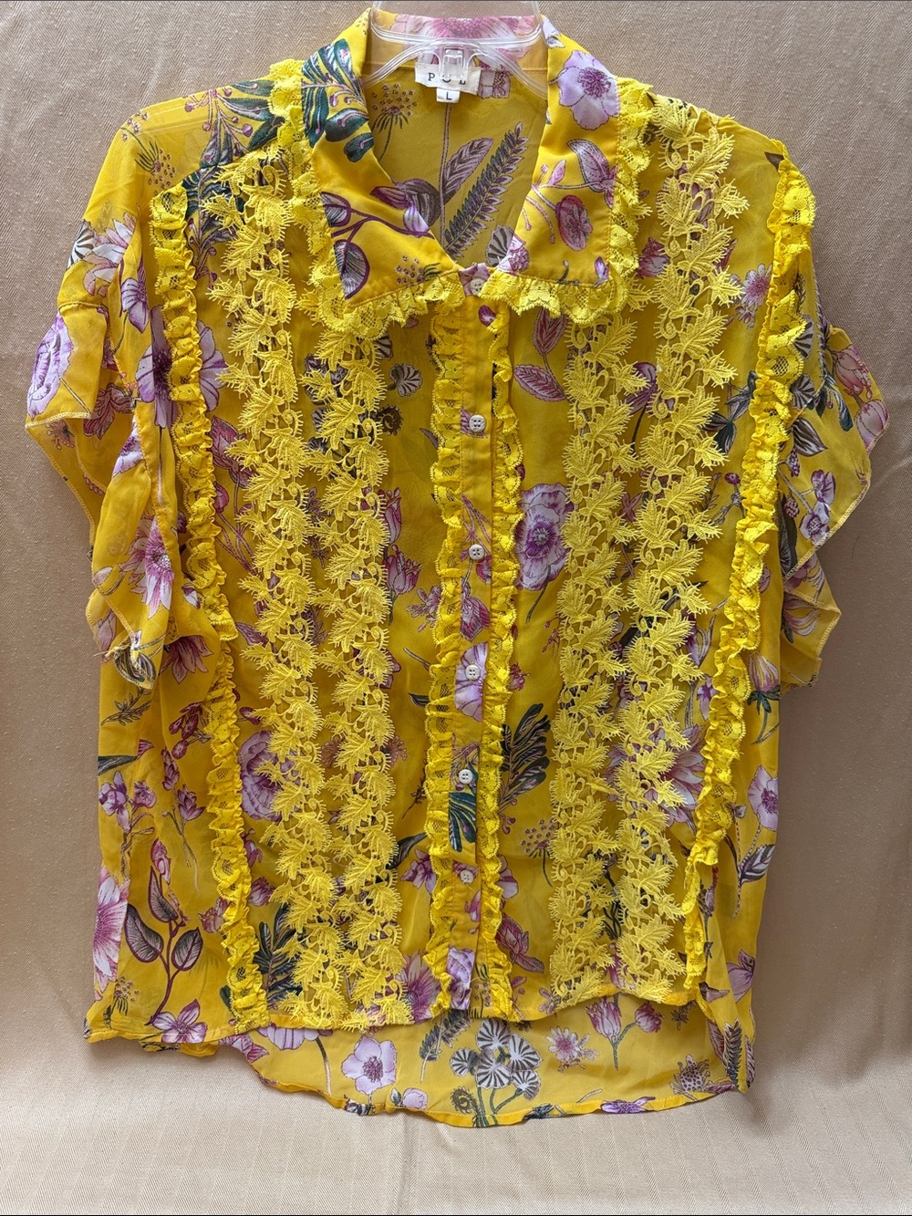 POL Yellow Floral Lace-Trim Button Front Sheer Blouse